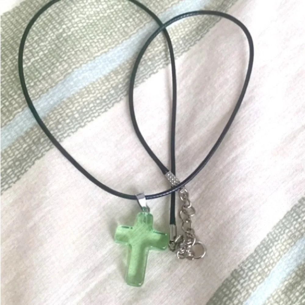 Translucent Green Cross Pendant Necklace - Picture 2 of 12